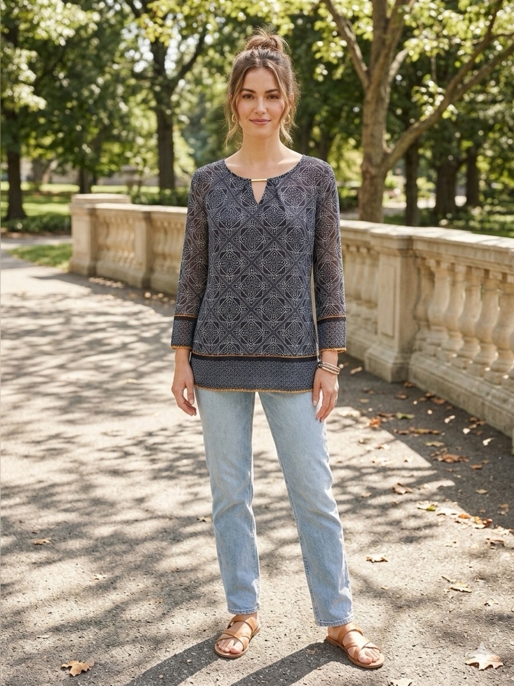 Express sheer printed tunic with gold neckline